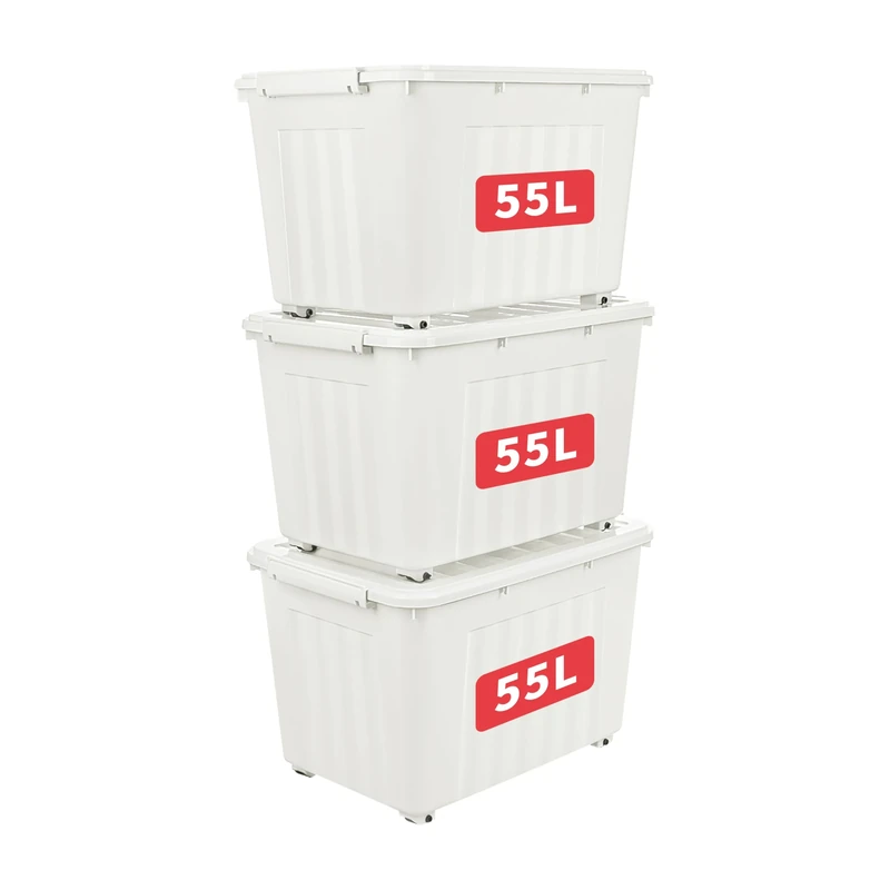 Cetomo 55L*3 Storage Boxes with Lids, Plastic Storage Box with Wheels and Secure Side Latches, Stackable & Nestable Organizer for Home, Office, Moving, PP, White, 55L-3 Pack