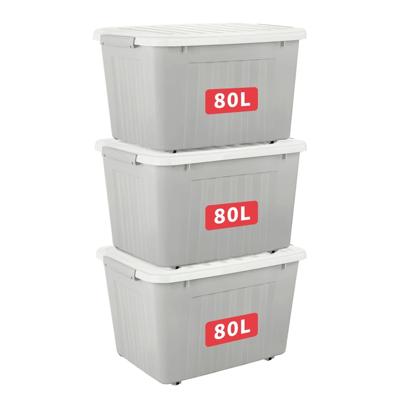 Cetomo 80L*3 Storage Boxes with Lids, Plastic Storage Box with Wheels and Secure Side Latches, Stackable & Nestable Organizer for Home, Office, Moving, PP, Gray, 80L-3 Pack