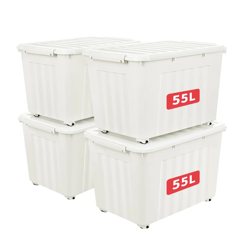 Cetomo 55L*4 Storage Boxes with Lids, Plastic Storage Box with Wheels and Secure Side Latches, Stackable & Nestable Organizer for Home, Office, Moving, PP, White, 55L-4 Pack
