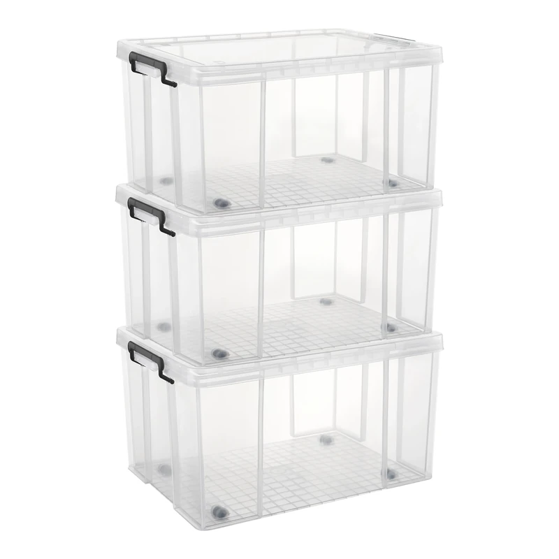 Cetomo 70L*3 Heavy-Duty Storage Boxes, Plastic Stackable Storage Box with Wheels, Storage Bins with Reinforced Corners, Vertical Sides and Clip Closure, Durable, Sturdy, Transparent, 70L-3Pack