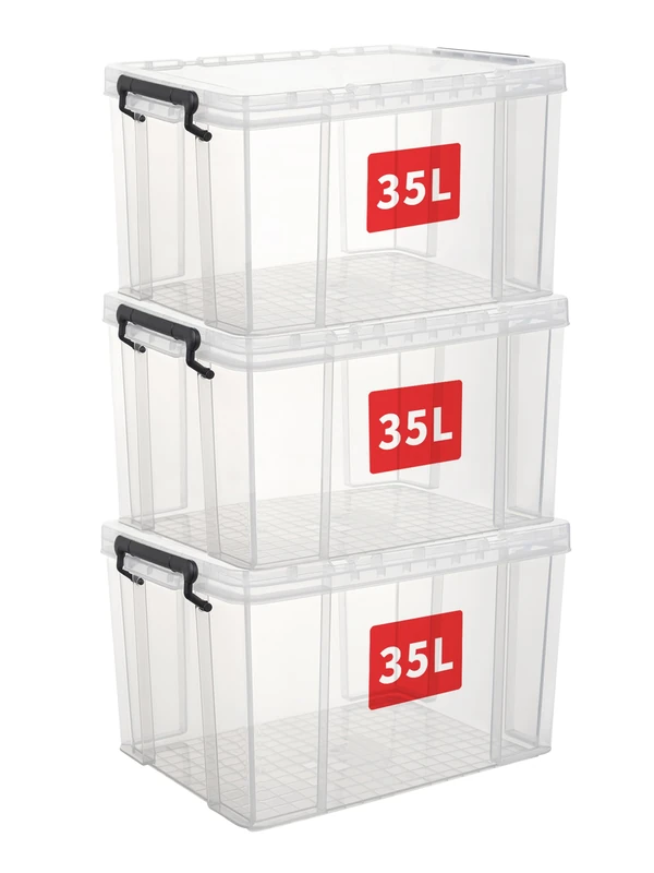 Cetomo 35L*3 Heavy-Duty Storage Boxes, Plastic Stackable Storage Box with Lids, Storage Bins with Reinforced Corners, Vertical Sides and Clip Closure, Durable, Sturdy, Transparent, 35L-3Pack
