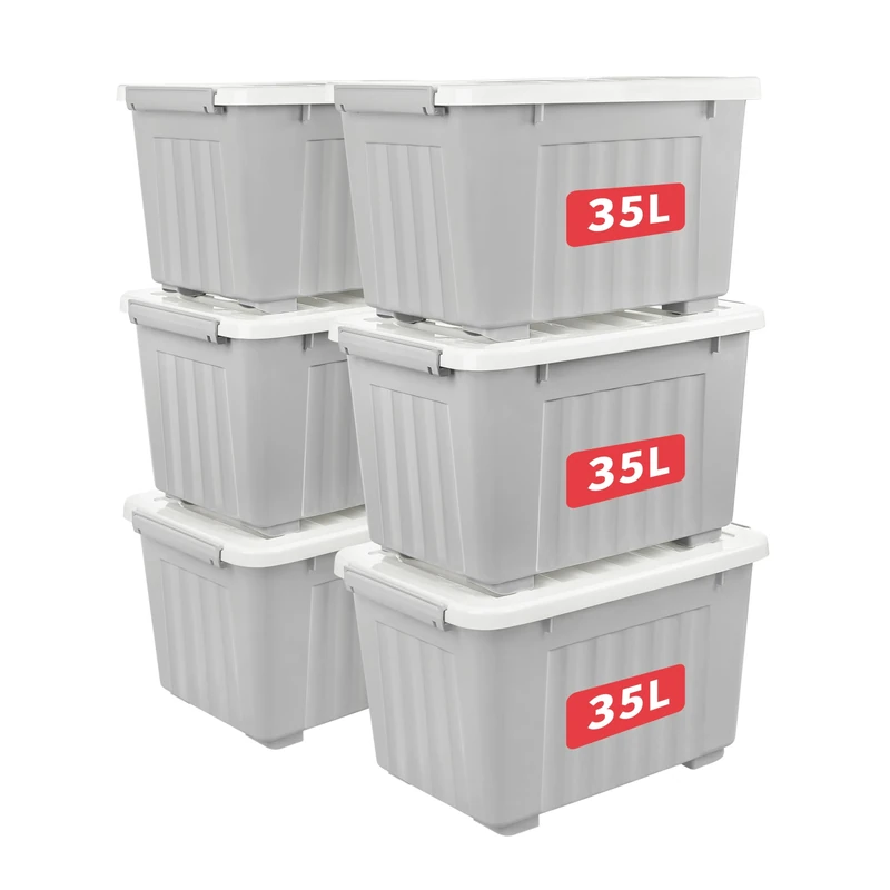 Cetomo 35L*6 Storage Boxes with Lids, Plastic Storage Box with Wheels and Secure Side Latches, Stackable & Nestable Organizer for Home, Office, Moving, PP, Gray, 35L-6 Pack