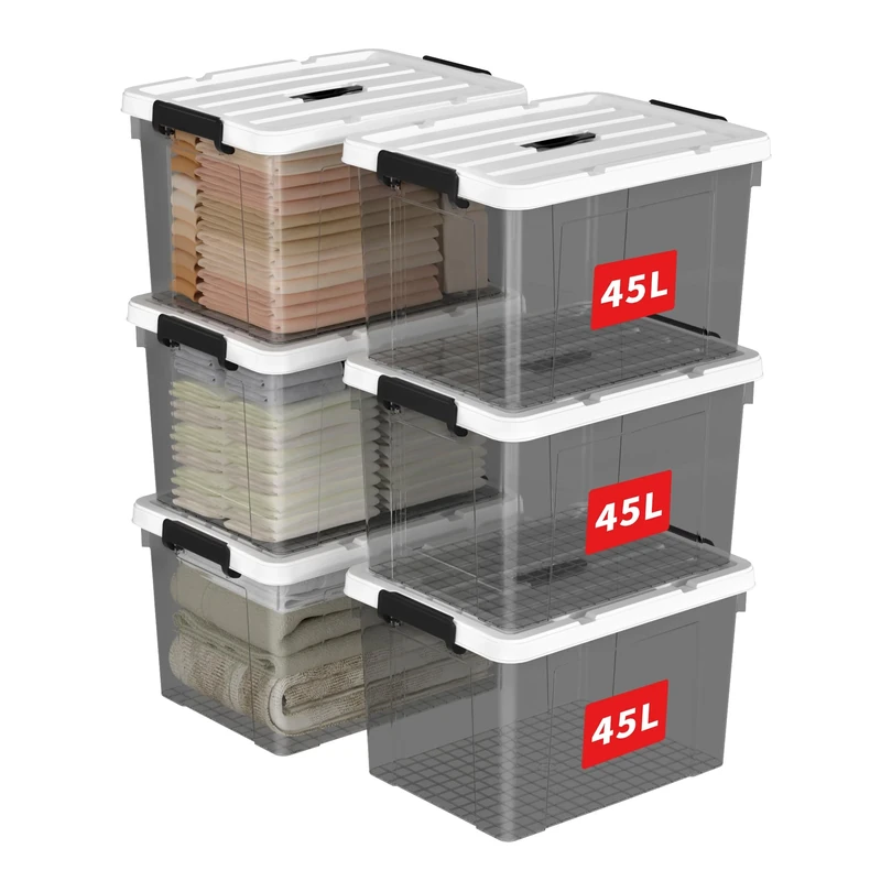Cetomo 45L*6 Storage Boxes, Carry Plastic Storage Box with Lids, Organizing Container with Handle and Secure Latching Buckles, Stackable, Nestable, Tote Bin for Home Clothes, 45L-6Pack, Clear Black
