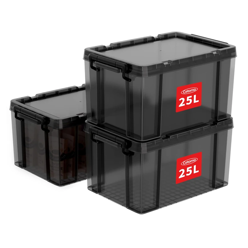 Cetomo 25L*3 Heavy-Duty Storage Boxes, Plastic Stackable Storage Box with Lids, Storage Bins with Reinforced Corners, Vertical Sides and Clip Closure, Durable, Sturdy, Transparent Black, 25L-3Pack - Image 1