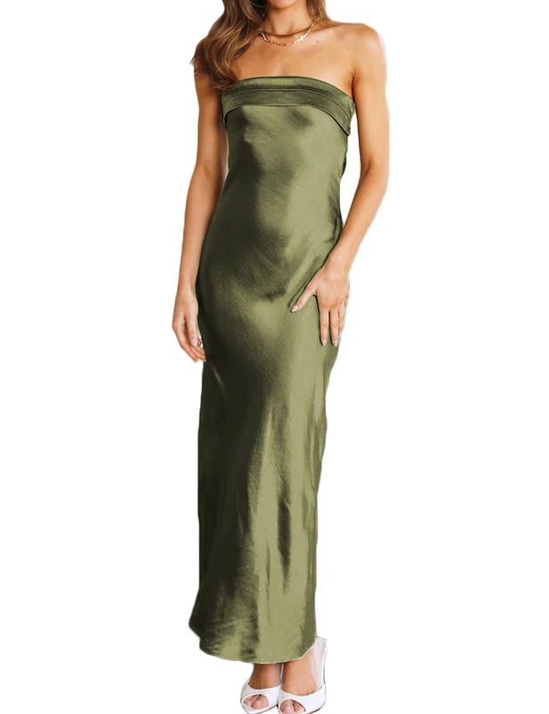Realtix Satin Silk Backless Tube Tops Maxi Dress for Women Low Back Hollow Out Elegant Strapless Long Dresses Wedding Guest, Olive, XL