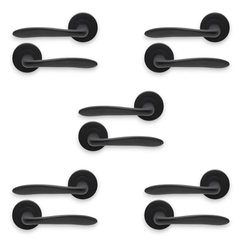 Infinity Decor Pair of 5 Matt Black Lever Door Handle on Round Rose Set Interior Pull Handles – for Interior & Exterior Doors