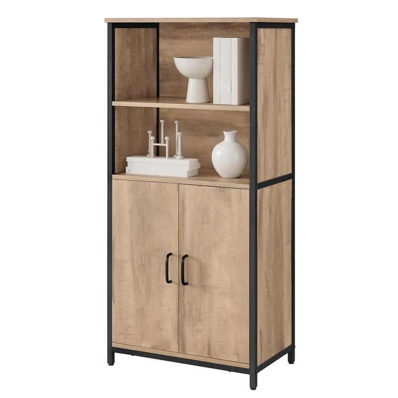 VASAGLE Freestanding Storage Cabinet, Cupboard, Bookcase, 2 Shelves and a Cabinet with an Adjustable Shelf, Steel Frame, for Living Room, Kitchen, Home Office, Toasted Oak and Black Colour LSC066B50