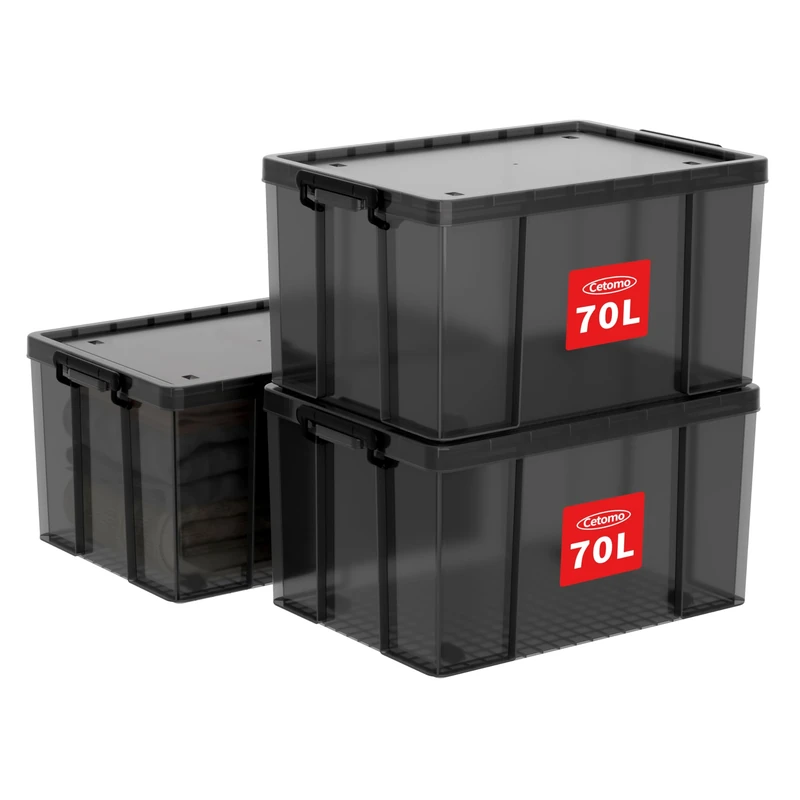Cetomo 70L*3 Heavy-Duty Storage Boxes, Plastic Stackable Storage Box with Wheels, Storage Bins with Reinforced Corners, Vertical Sides and Clip Closure, Durable, Sturdy, Transparent Black, 70L-3Pack