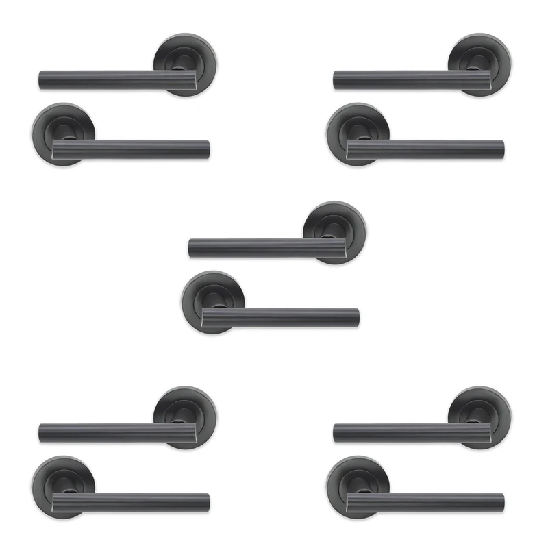 Infinity Decor Set of 5 Pairs T-Bar Lever Door Pull Handles on Round Rose Pack in Gun Metal Grey Finish - for Interior & Exterior Doors