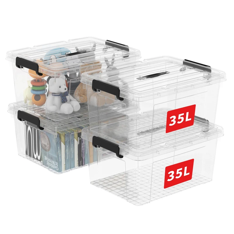 Cetomo 35L*4 Storage Boxes, Carry Plastic Storage Box with Lids, Clear Organizing Container with Handle and Secure Latches, Nestable & Stackable Tote Box for Home Office, 35L-4 Pack, Transparent