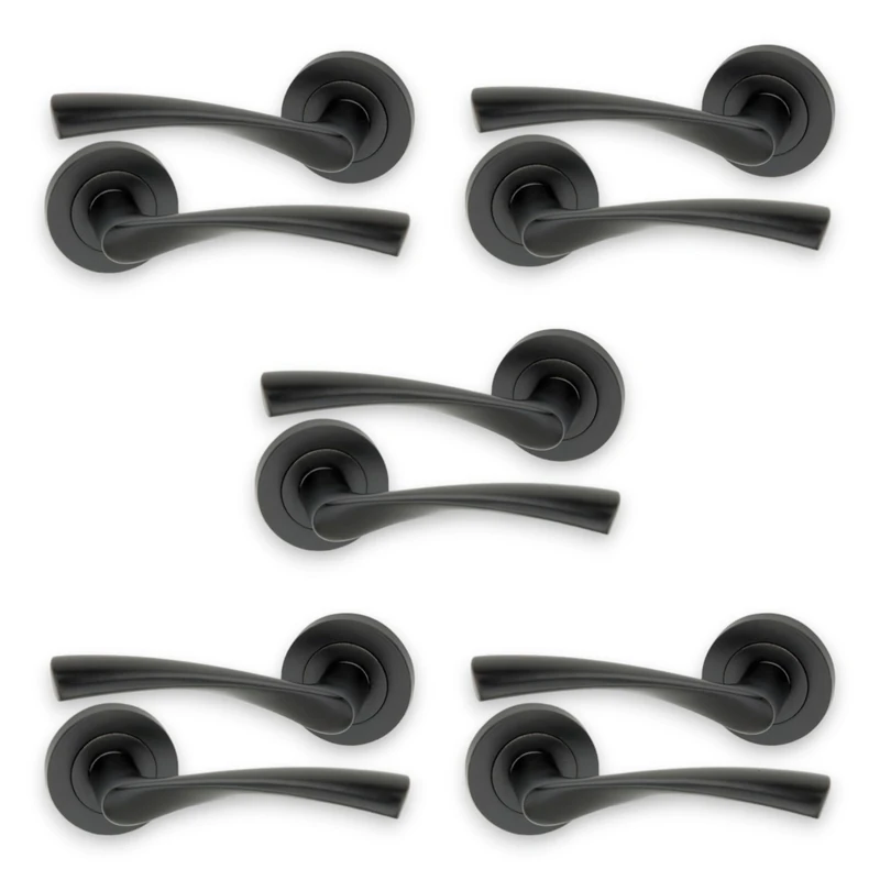 Infinity Decor Pack of 5 Twisted Lever Latch Door Handles on Round Rose Set Matt Black Passage Pull Handles – for Interior & Exterior Use