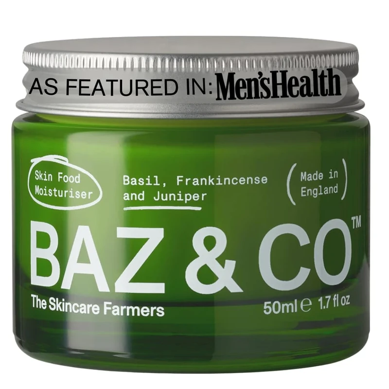 BAZ & CO Natural Moisturiser for Men - Skin Food Face Moisturiser with Basil, Frankincense & Juniper | Hydrating Daily Moisturiser Men Skincare | Plant-based mens moisturiser - 50ml