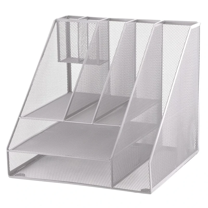D.RECT Silver Table Desk Organiser, 8 Compartments, Metal Grid, Office Supplies, Home, Office