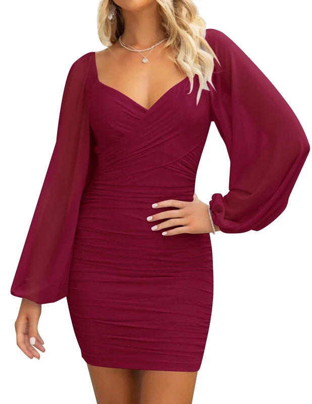 ZESICA Women's Sexy V Neck Ruched Bodycon Mini Dress Puff Long Sleeve Cocktail Wedding Party Short Dresses, Wine, M - Image 1
