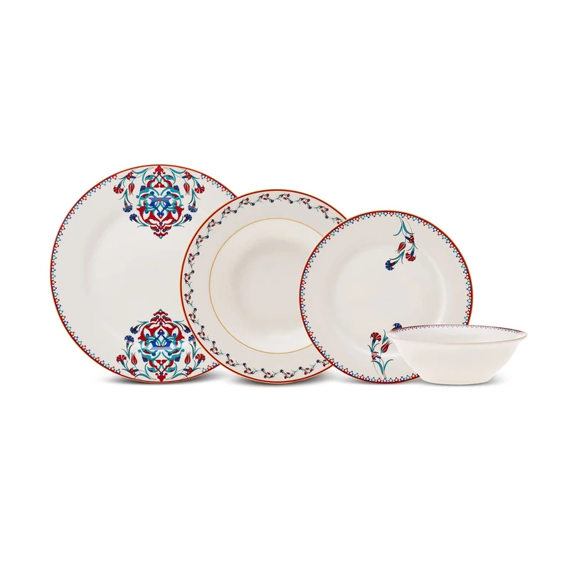 Karaca Nakkaş 24-Piece Dinner Set for 6, Elegant White with Colorful Patterns, Bone China Dinnerware Set, Durable & Stain-Resistant Dinner Service for Casual Meals & Special Occasions