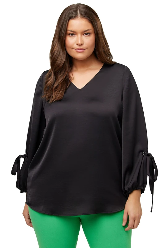 Ulla Popken Women's Plus Size Plus Size Blouse, V-Neck, A-line, Decorative Bow, Balloon Sleeve 816579, Black, 24 UK/26 UK