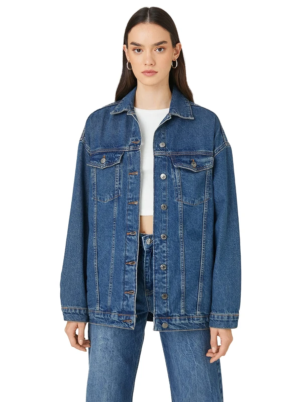 Koton Women's Denim Jacket Long Sleeve Pocket Detail Shirt Neck Jacket, Light Indigo (LGT), - Image 1