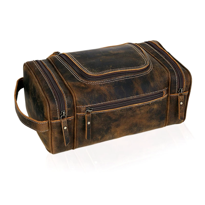 VC Vintage Couture Genuine Leather Toiletry Bag for Men,Extra Large Leather Men's Toiletry Bag for Traveling Hanging, Brown, Men's Toiletry Bag