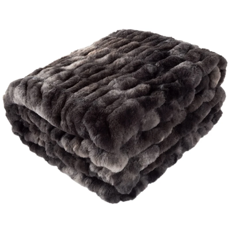 Lavish Home Oversized Ruched Faux Fur Blanket, 60x80-Inch Jacquard Faux Fur Queen-Size Throw for Beds and Sofas, Black