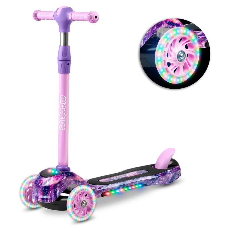 Ricokids Three Wheel Scooter Robust Scooter for Children - Three Sturdy Wheels - Features Coloured LED Lighting Adjustable Handlebar Height Wide Non-Slip Platform - Up to 35 kg Pink and Purple