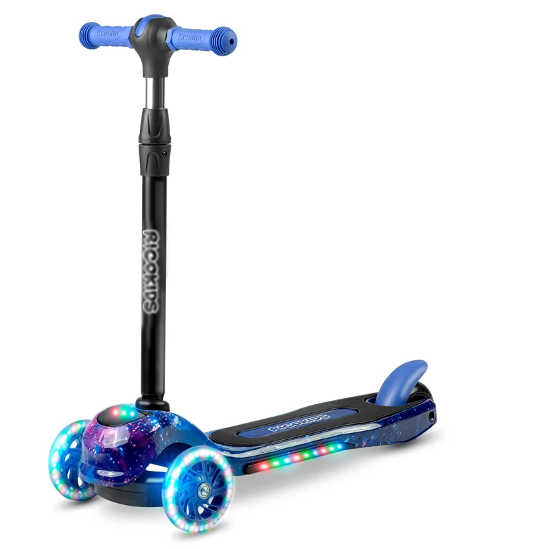 RICOKIDS Three Wheel Scooter Robust Scooter for Children - Three Sturdy Wheels - Features Coloured LED Lighting Adjustable Handlebar Height Wide Non-Slip Platform - Up to 35 kg Blue and Black