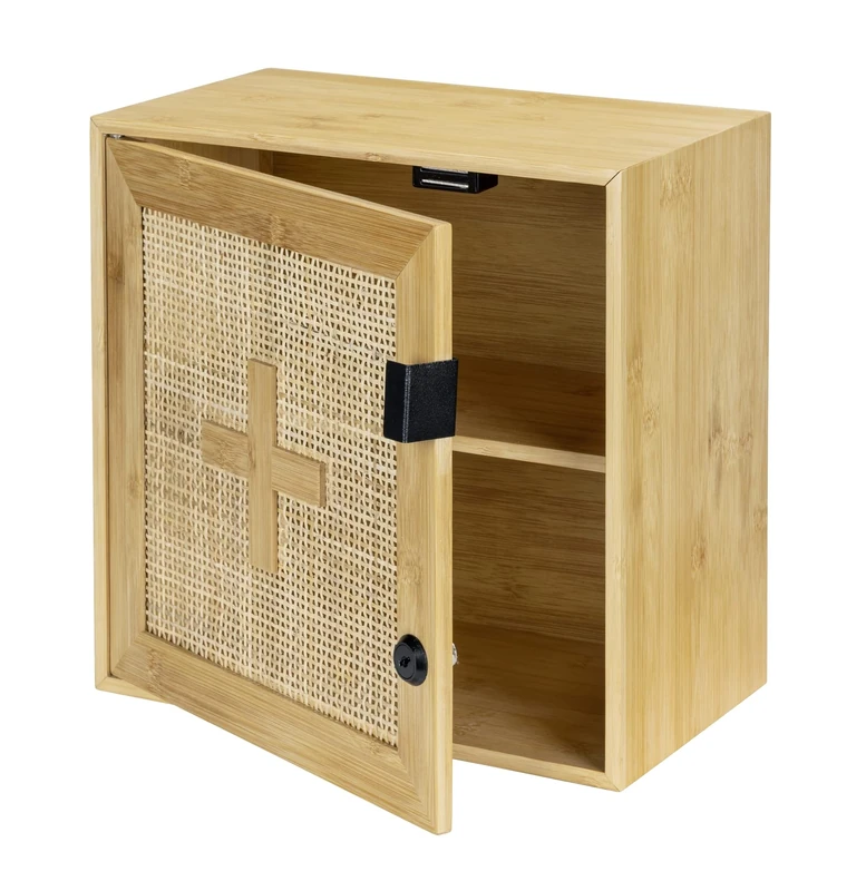 WENKO Allegre Medicine Cabinet Lockable Bamboo and Rattan Weave in Boho Style with Fixings 30 x 30 x 17.8 cm Natural - Image 1