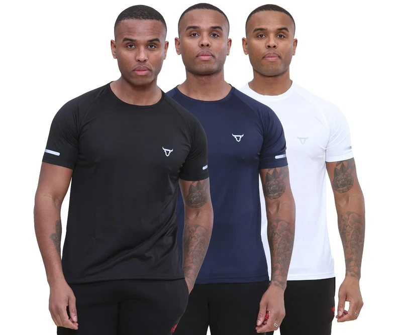 Pack of 3 Mens Workout Short Sleeve T-Shirts Athletic Fit Fast Drying Moisture Wicking Sports Style T-Shirts (UK, Alpha, L, Regular, Regular, Pack of 3 Black White Navy)