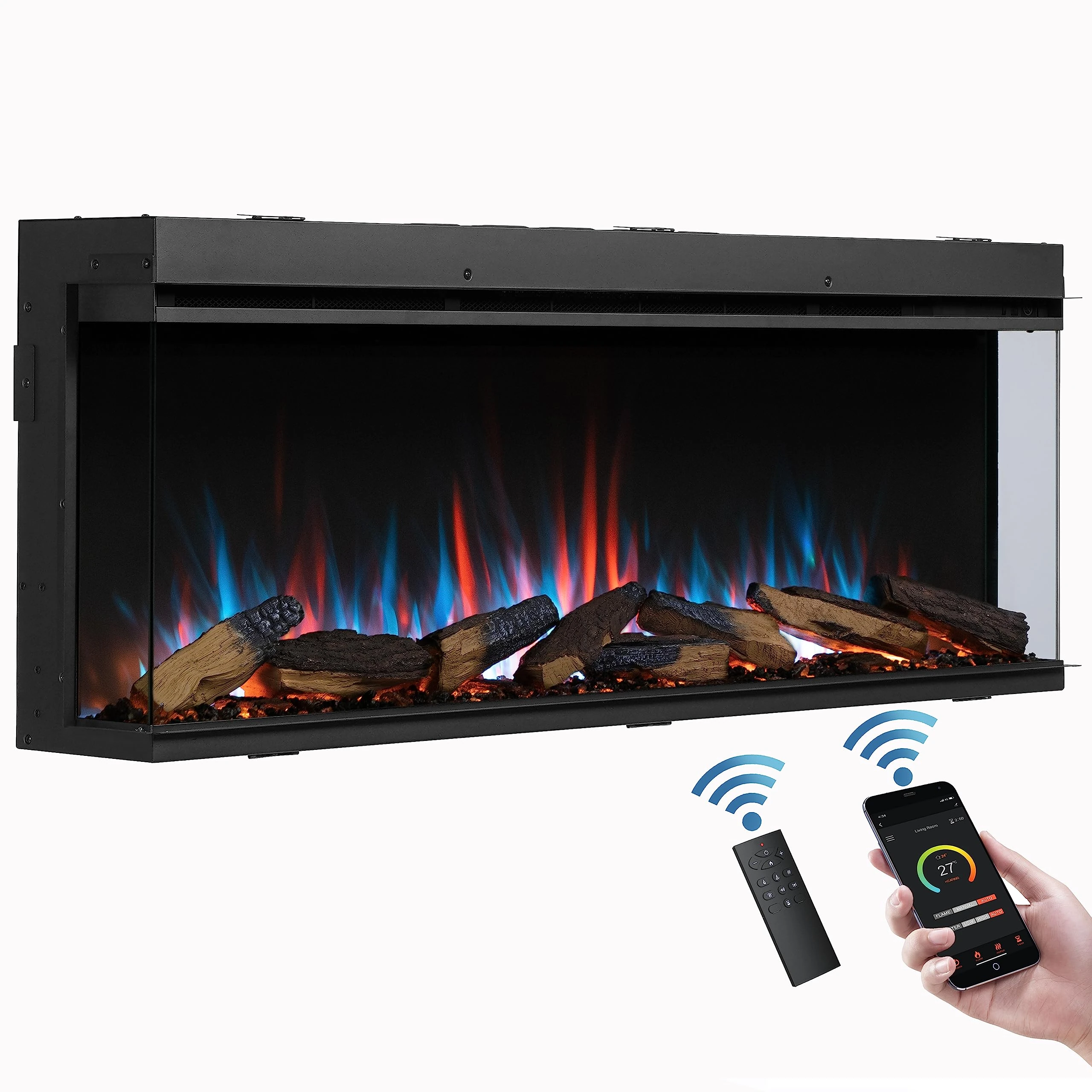 FLAMME Knighton 130cm/51" 3-Sided Electric Media Wall Fire, Recessed TV Media Wall, Multiple Flame Colours, Sound Effects and APP Control