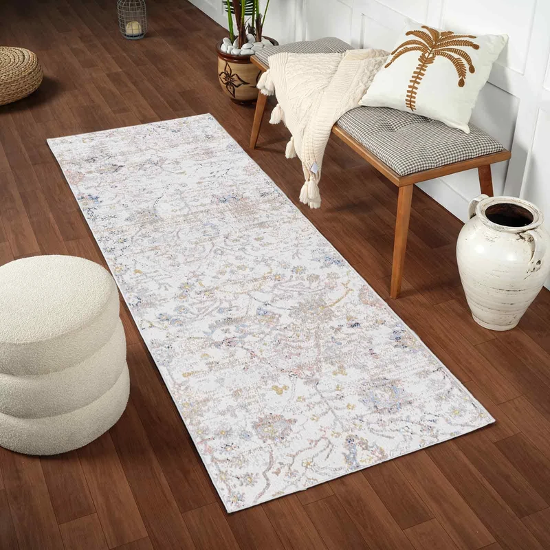 Livabliss Djanet Machine Washable Rug - Vintage Runner Rugs Living Room, 80x220 cm - Traditional Boho Rug Style, Dining Room, Kitchen, Outdoor, Hallway - Ivory, Brown, Grey, Blue Rug - Image 1