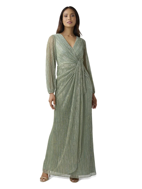 Adrianna Papell Women's Metallic Mesh Draped Gown Special Occasion Dress, Green Slate, 8