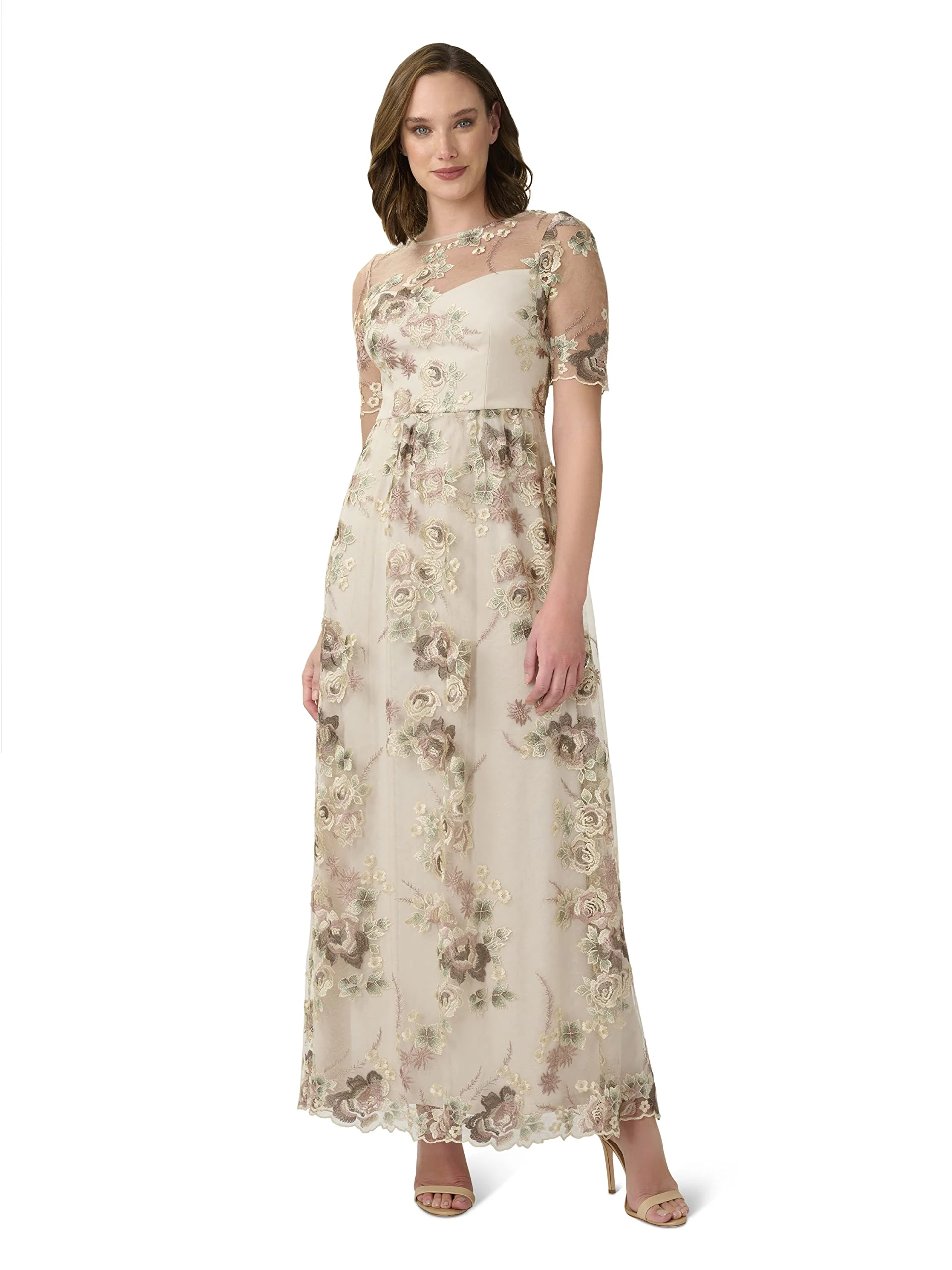 Adrianna Papell Women's Long Embroidered Special Occasion Dress, Mink Multi, 12