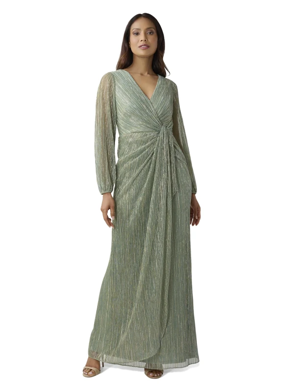 Adrianna Papell Women's Metallic Mesh Draped Gown Special Occasion Dress, Green Slate, 18
