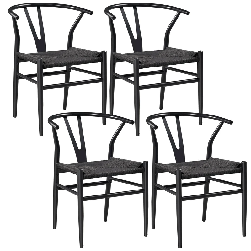 Yaheetech Dining Chair Weave Mid-Century Metal Y-Shaped Accent Chair with Hemp Seat for Kitchen, Dining, Living Room Set of 4 Full Black