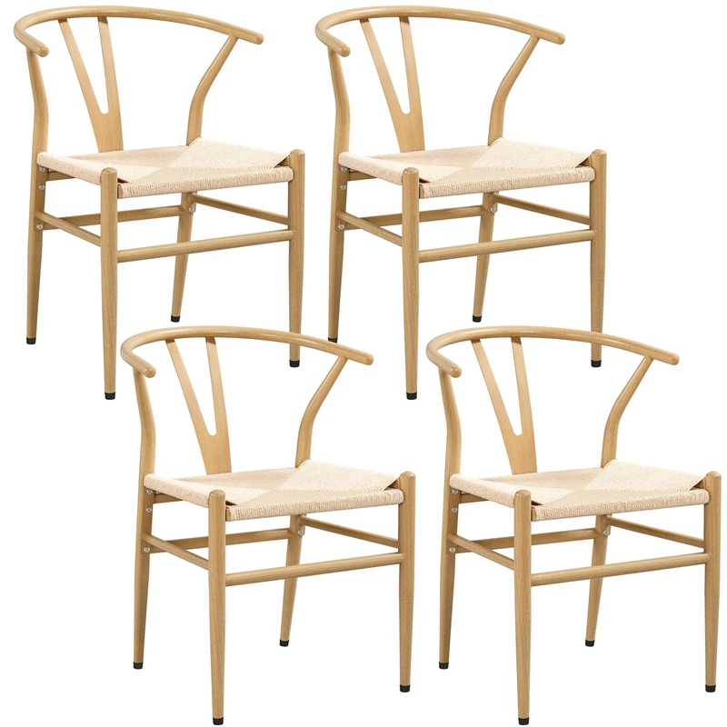 Yaheetech Weave Chair Mid-Century Metal Y-Shaped Accent Chair with Hemp Seat for Kitchen, Dining, Living Room Set of 4 Wood Color