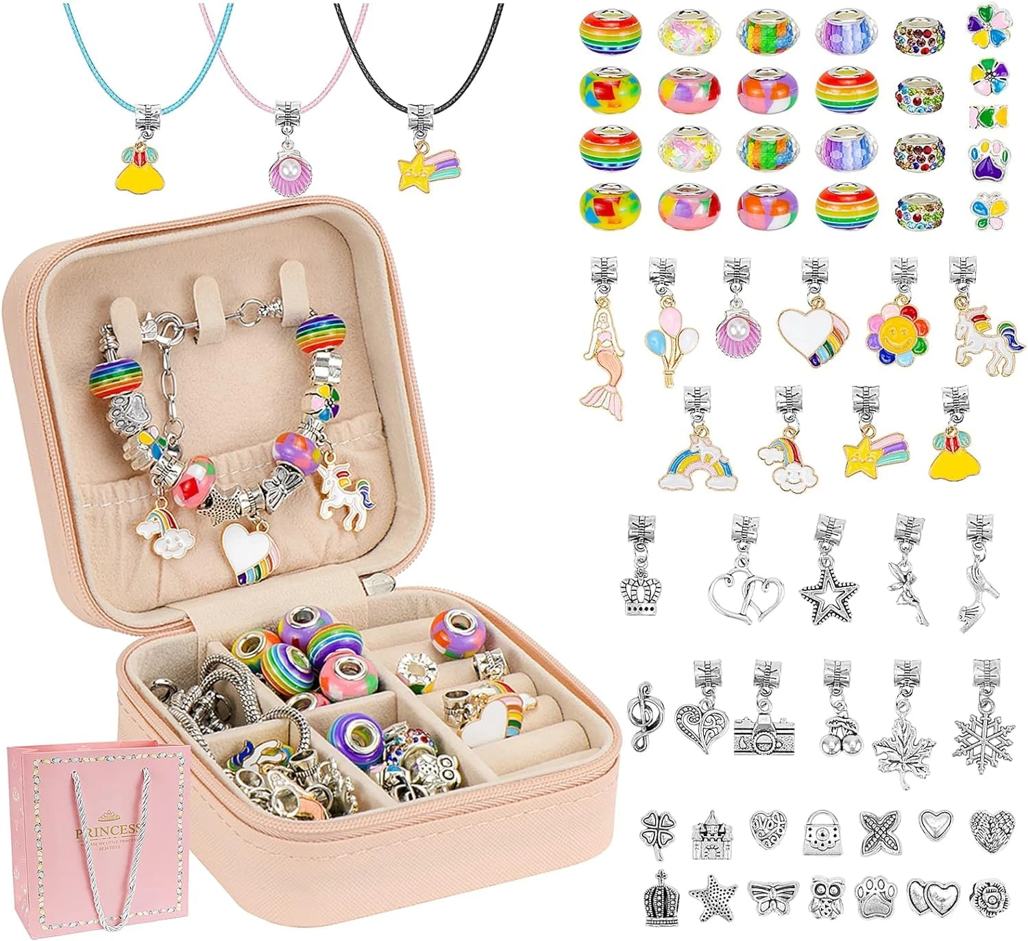 Hysagtek Jewellery Making Kit Bracelet Making Kit for Girls 66 Pcs DIY Charm Bracelet Making Bracelets Gift for Girls Beads Necklace kit Christmas Jewelry Making Charm Pendants Craft with Box, Rainbow