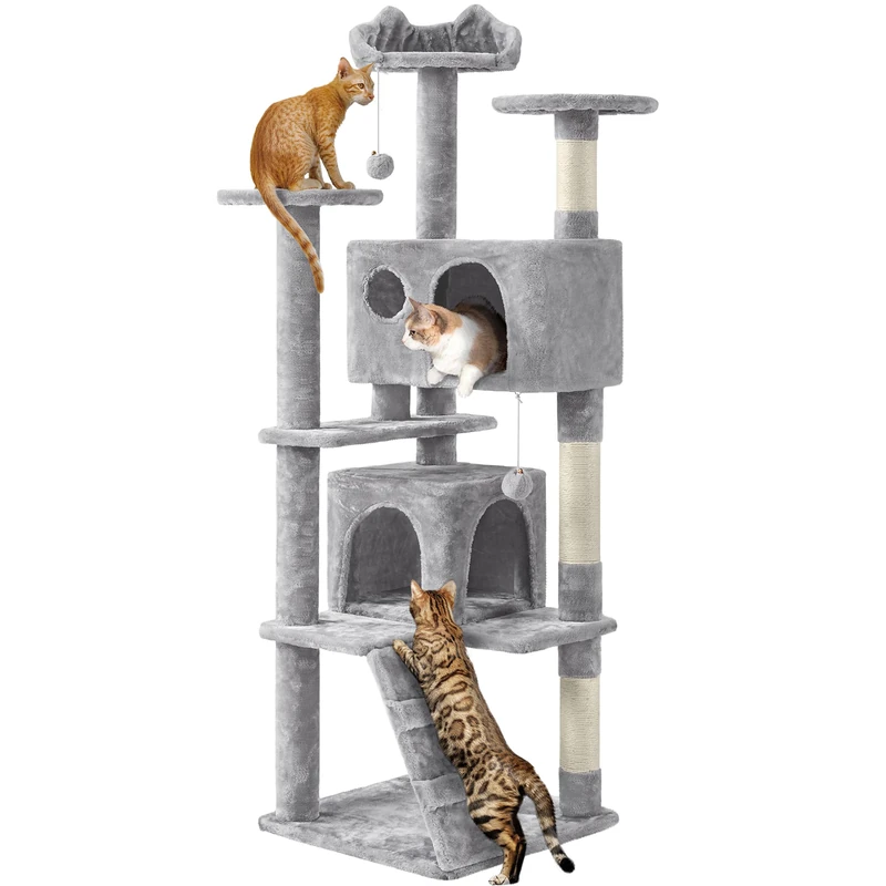 Yaheetech Cat Tree, 158cm Cat Tower with Scratching Post, 2 House and Dangling Balls Pet Furniture for Indoor Kittens, Light Grey