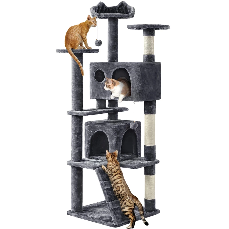 Yaheetech Cat Tree, 158cm Cat Tower with Scratching Post, 2 House and Dangling Balls Cat Furniture for Indoor Cats Kittens, Dark Grey
