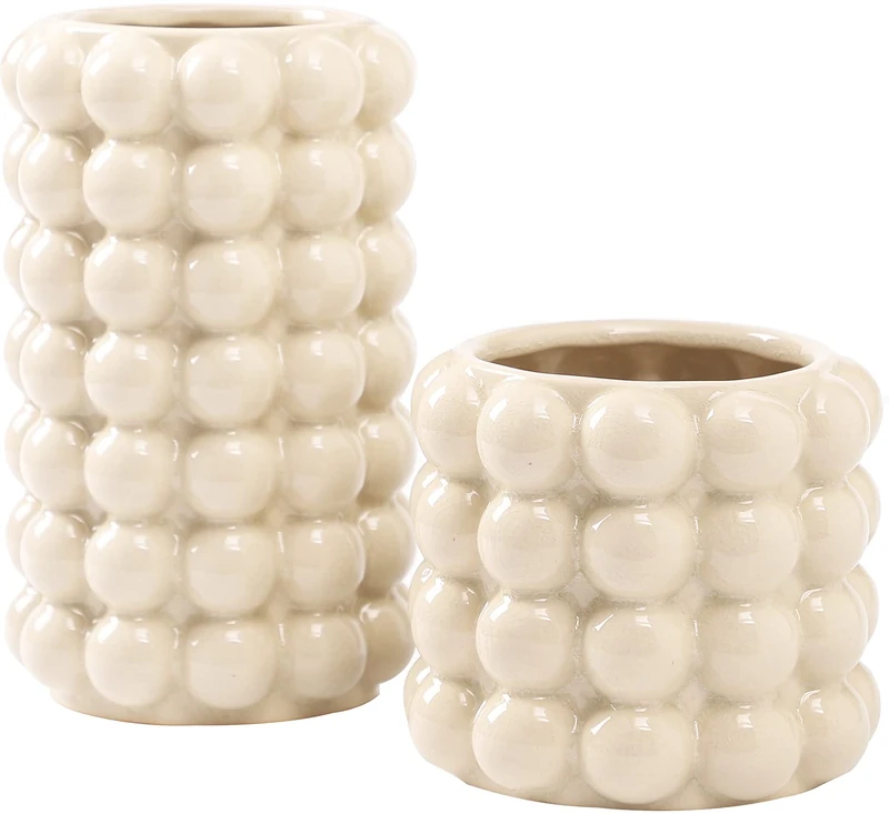 YANWE1 Boho Ceramic Vases - Set of 2 Tall White Bubble Vases for Flowers, Decor, Living Room, Dining Table, Wedding, Mantel