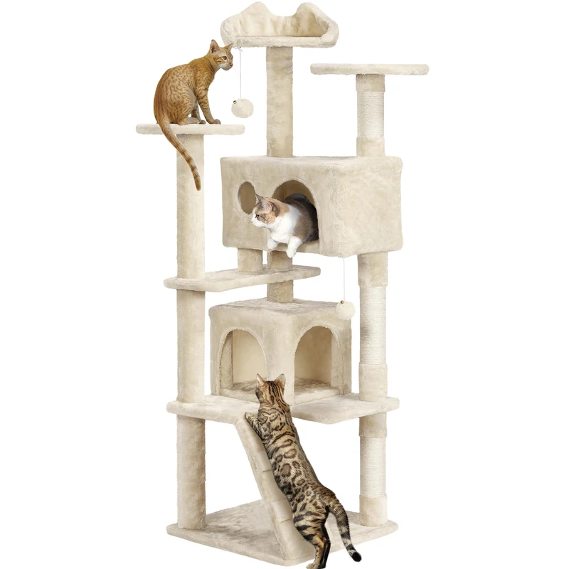 Yaheetech Cat Tree, 158cm Cat Tower with Scratching Post, 2 House and Dangling Balls Pet Furniture for Indoor Kittens, Beige