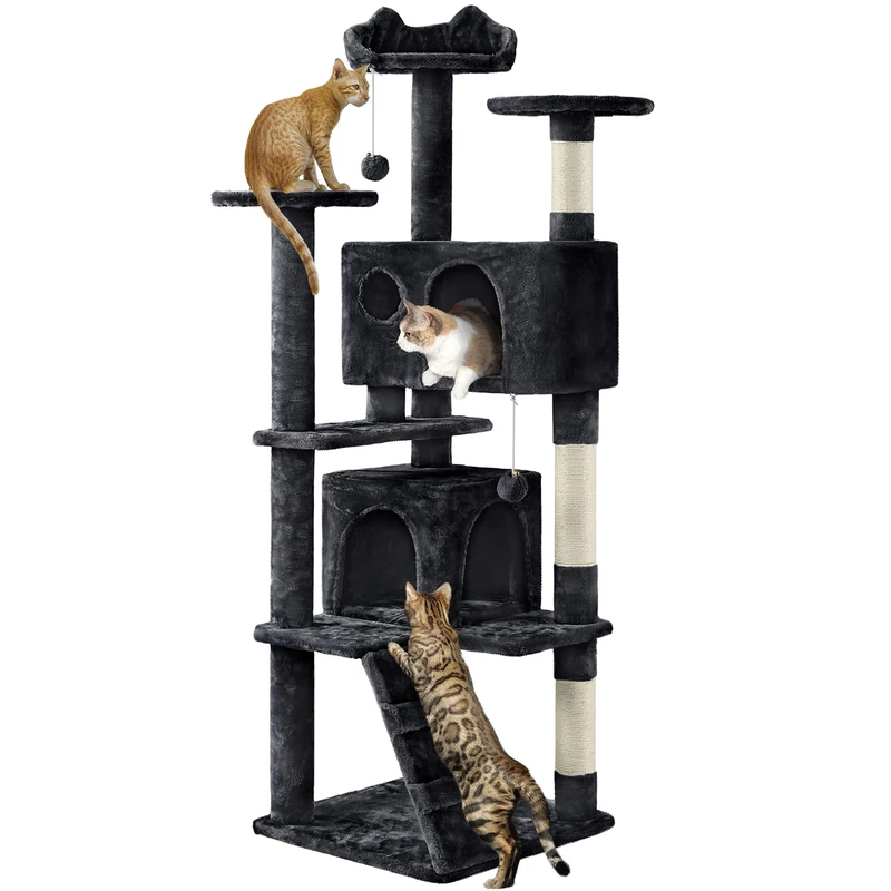 Yaheetech Cat Tree, 158cm Cat Tower with Scratching Post, 2 House and Dangling Balls Pet Furniture for Indoor Kittens, Black