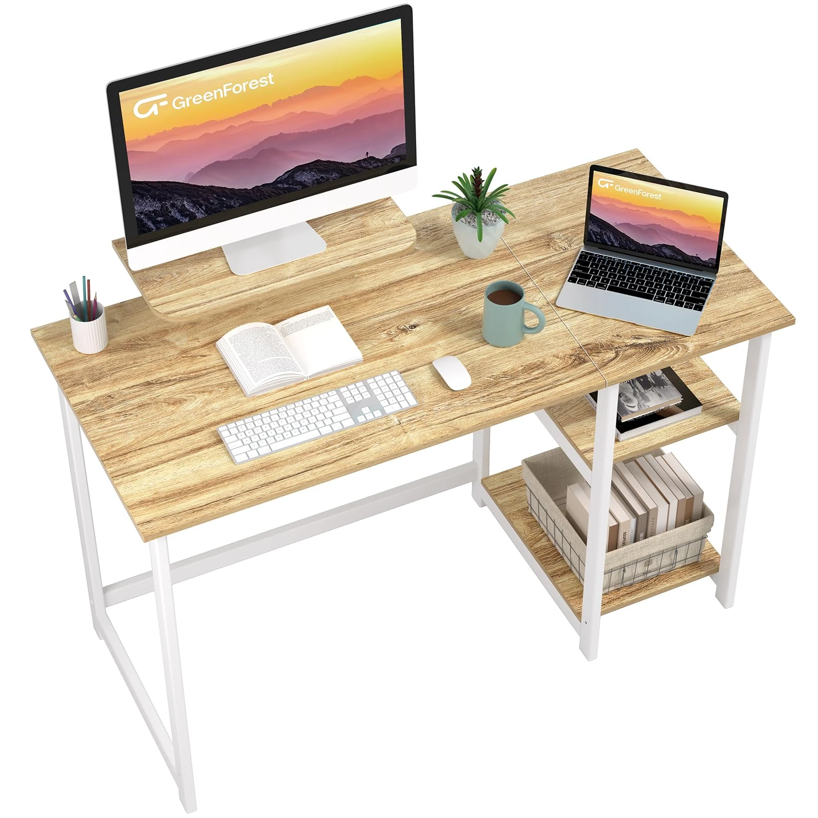 GreenForest Office Desk with Monitor Stand,100cm Home Computer Desk with Reversible Storage Shelves,Study Desk for Small Spaces,Oak