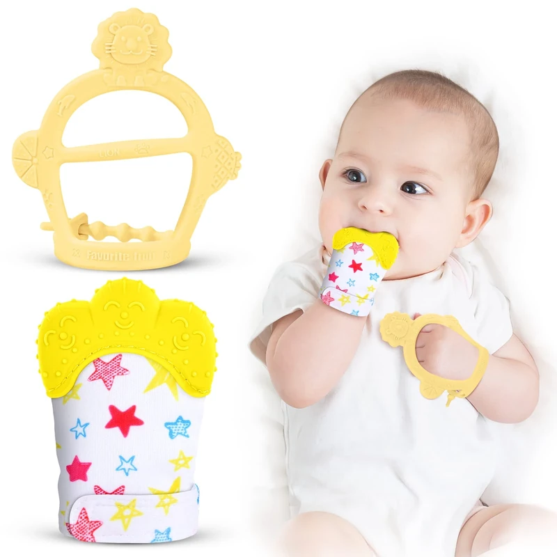 Vicloon Baby Teething Set - 2 Silicone Mittens & Chew Toy Glove, Yellow