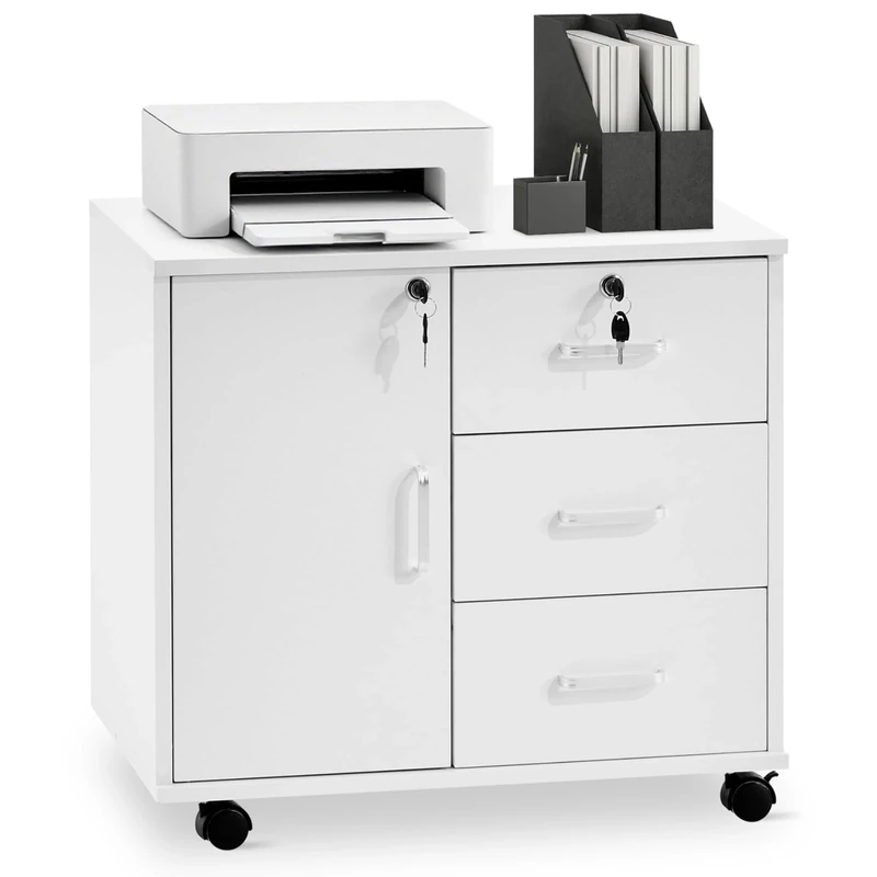 TUKAILAi Mobile File Cabinet with 3 Drawers Lockable Office Rolling Filing Cabinet on Wheels Printer Stand Storage Lateral Stationery Under Desk Drawers for Home Office White