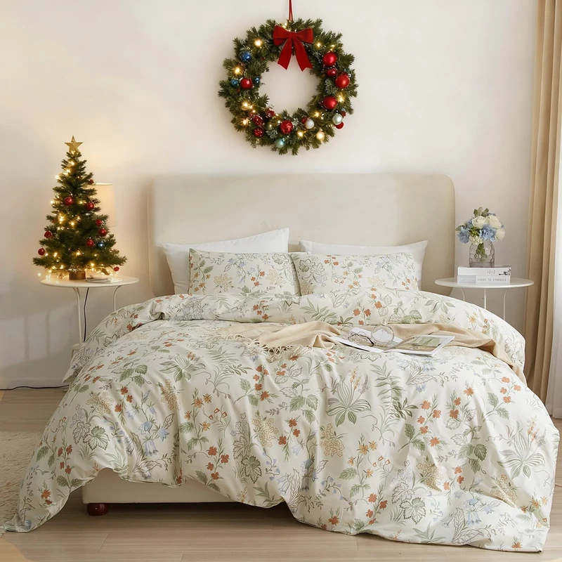 EAVD King Size Duvet Cover - Soft 100% Cotton Bedding Set With Gorgeous Botanical Pattern, Vintage Garden Floral Comforter Cover, White, Zipper Closure
