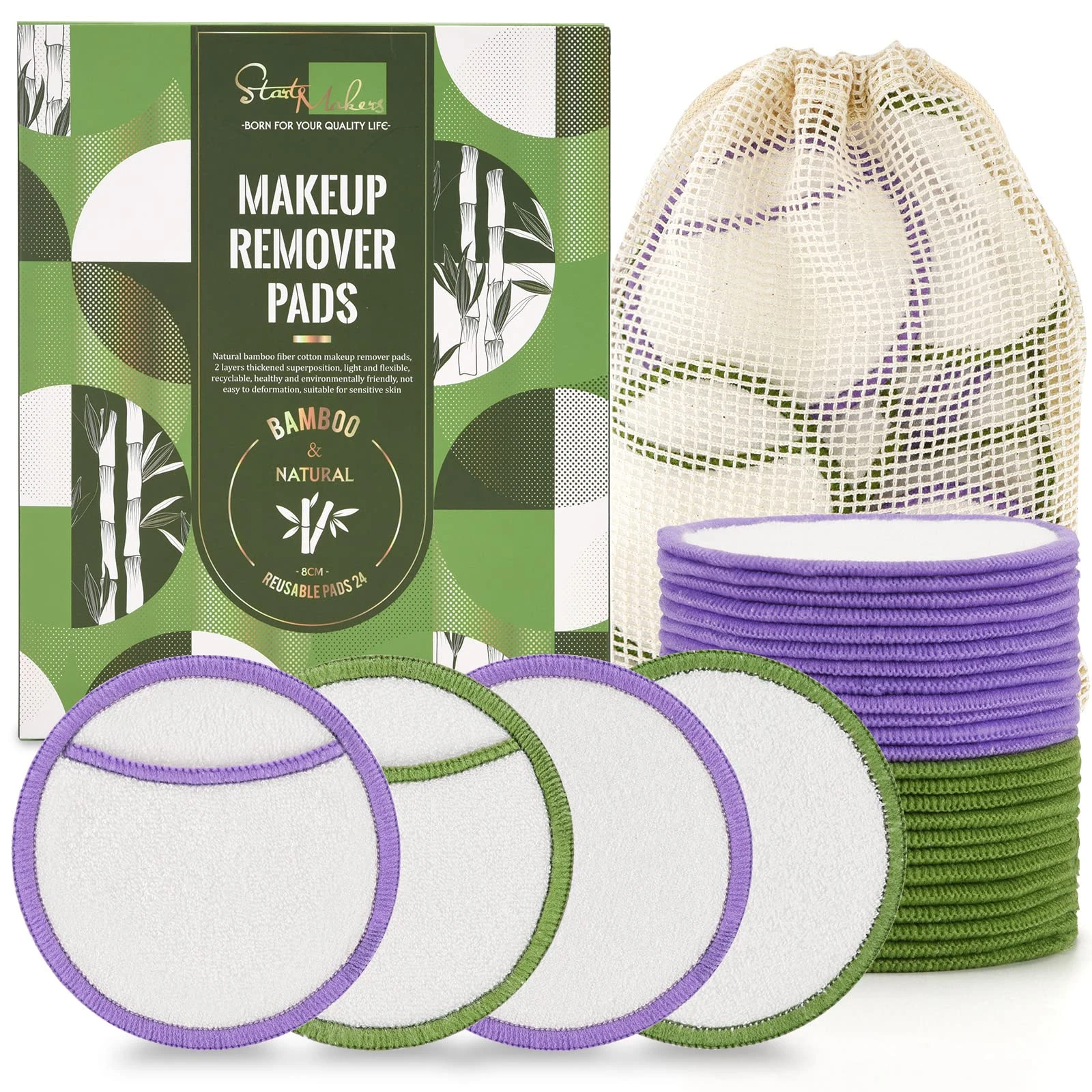 START MAKERS Reusable Makeup Remover Pads, Premium Eco-Friendly 24PCS Reusable Cotton Pads Soft Bamboo Face Pads for All Skin Types Double-Sided & Organic Washable Cotton Wool Pads with Laundry Bag