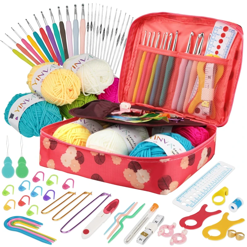 YINVA 111PCS Crochet Kit - 24 Ergonomic Hooks, Yarn Balls, Pins, Case