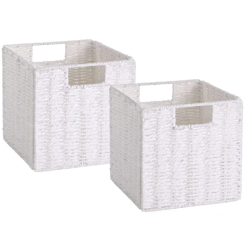 Vagusicc Wicker Storage Basket, Set of 2 Woven Storage Baskets, Foldable Cube Storage Bins, 11 Inch Square Wicker Storage Baskets for Shelves Organizing, White