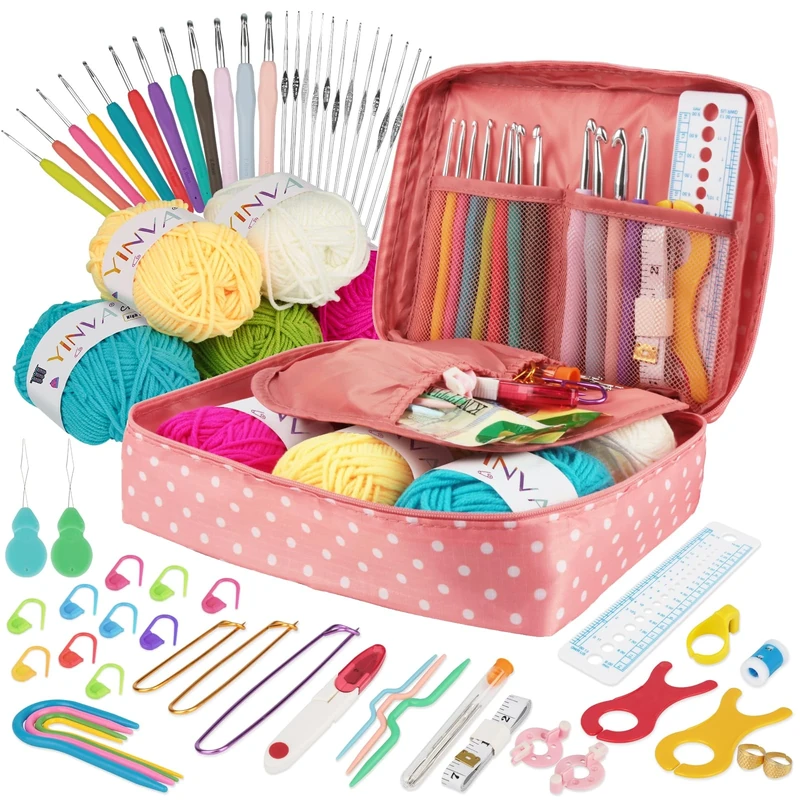 YINVA Crochet Hook Set - 24 Hooks 0.6mm-8mm + 111 Pieces, Pink