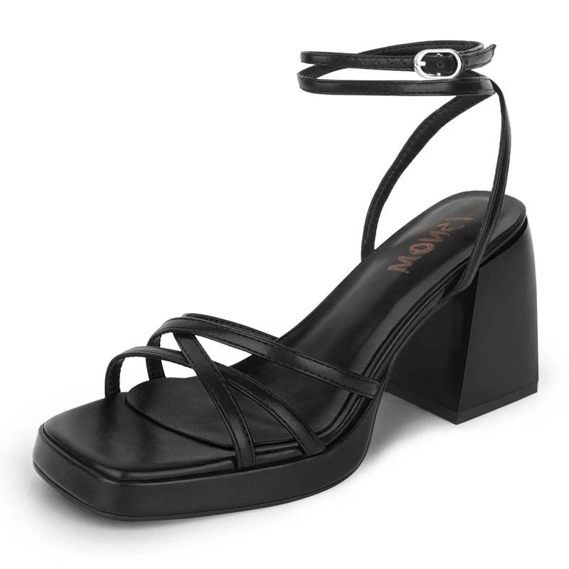 ISNOM Black Platform Heels for Women Heeled Sandals with Lace Up Strappy Ankle Strap Square Open Toe for Wedding Work Party Dress, Matteblack, 5.5 UK