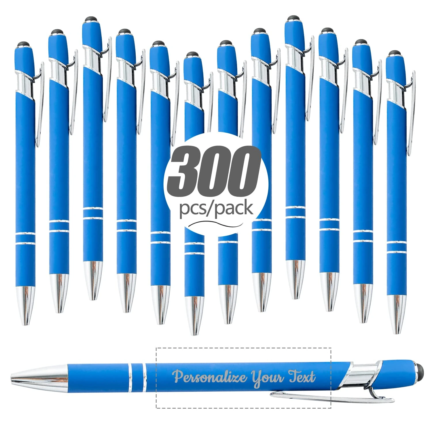 Personalized Ballpoint Pens 300, Custom Pen Engraving with Name Logo, Black Ink Pen with Stylus Cap, Office, Memorial Day, Graduation, Blue